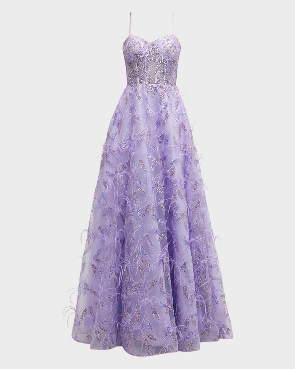 Sleeveless Sequin Feather Corset Gown